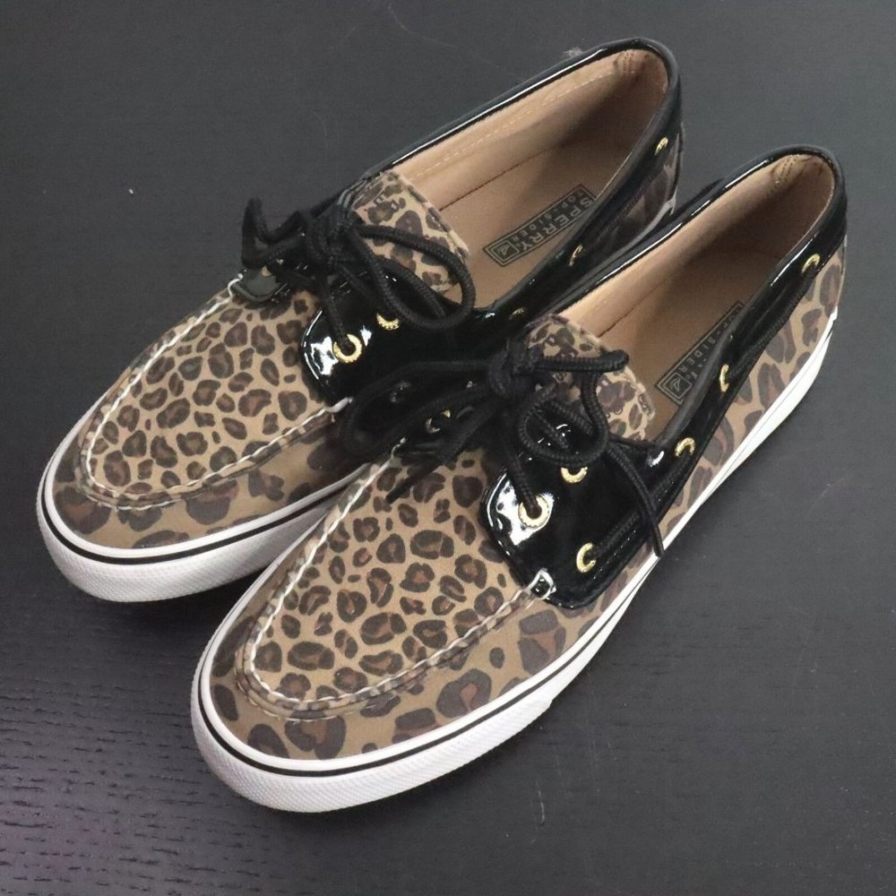 Sperry Top-Sider Women's 9.5M Patent Leopard Slip-On Fabric Boat Shoes Loafers